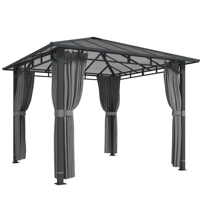 3 x 3 m Outdoor Hardtop Gazebo Canopy with PC Roof, Aluminium Permanent Pavilion Garden Gazebo with Curtains, Tan