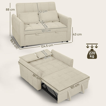 2 Seater Sofa Bed, 3-in-1 Convertible Sleeper Sofa with Click-clack Adjustable Backrest and 2 Pillows, Light Brown