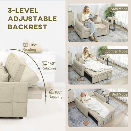 2 Seater Sofa Bed, 3-in-1 Convertible Sleeper Sofa with Click-clack Adjustable Backrest and 2 Pillows, Light Brown