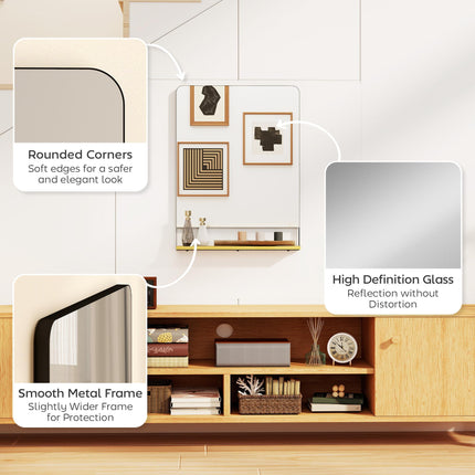 Wall Mirror with Wood Shelf - Black