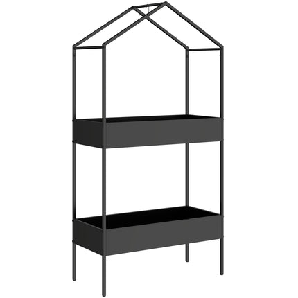 2 Tier Plant Stand, Outdoor Indoor Metal Plant Stand with Hook, House-Shaped Pots Holder Display Rack, Black