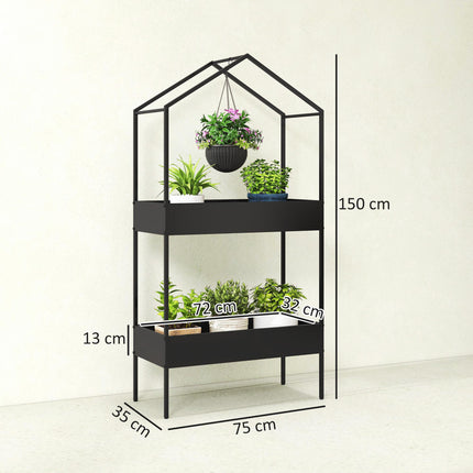 2 Tier Plant Stand, Outdoor Indoor Metal Plant Stand with Hook, House-Shaped Pots Holder Display Rack, Black