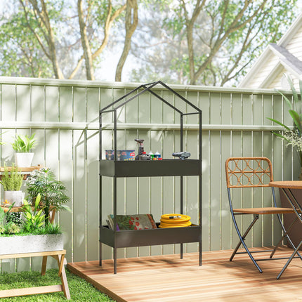 2 Tier Plant Stand, Outdoor Indoor Metal Plant Stand with Hook, House-Shaped Pots Holder Display Rack, Black