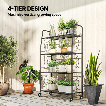4-Tier Metal Plant Stand, Heavy Duty Ladder Shelf Potted Plants Display Rack with Lockable Wheels
