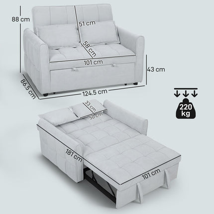 2 Seater Sofa Bed, 3-in-1 Convertible Sleeper Sofa with Click-clack Adjustable Backrest and 2 Pillows, Light Grey