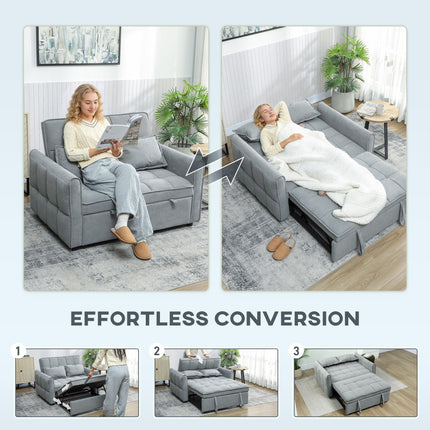 2 Seater Sofa Bed, 3-in-1 Convertible Sleeper Sofa with Click-clack Adjustable Backrest and 2 Pillows, Grey
