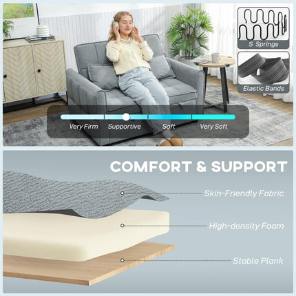 2 Seater Sofa Bed, 3-in-1 Convertible Sleeper Sofa with Click-clack Adjustable Backrest and 2 Pillows, Grey