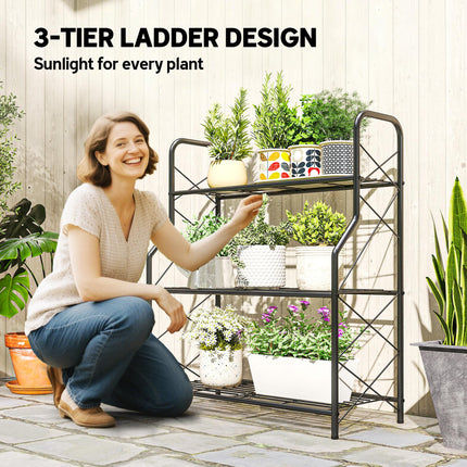 3-Tier Metal Plant Stand, Heavy Duty Ladder Shelf Potted Plants Display Rack, Indoor Outdoor Flower Pot Holder