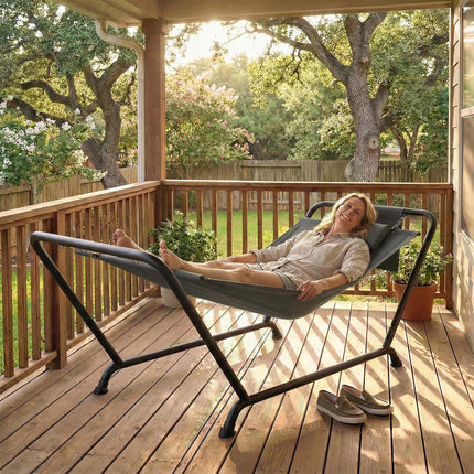 Outdoor Hammock with Stand, Freestanding Hammock with Side Pocket, Headrest for Patio, Balcony, Porch, Dark Grey