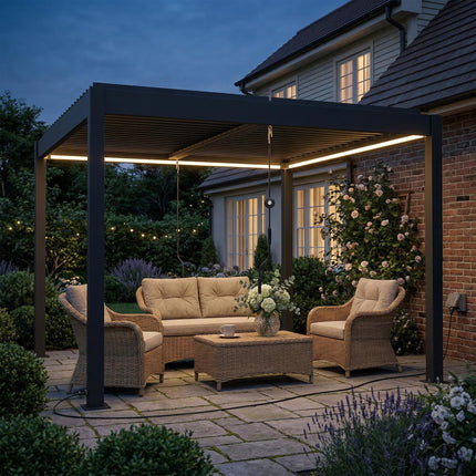 3 x 3 m Louvered Pergola with LED Lights, Metal Louvres, Aluminium Patio Gazebo