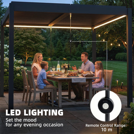 3 x 3 m Louvered Pergola with LED Lights, Metal Louvres, Aluminium Patio Gazebo