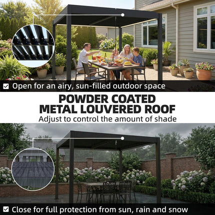 3 x 3 m Louvered Pergola with LED Lights, Metal Louvres, Aluminium Patio Gazebo