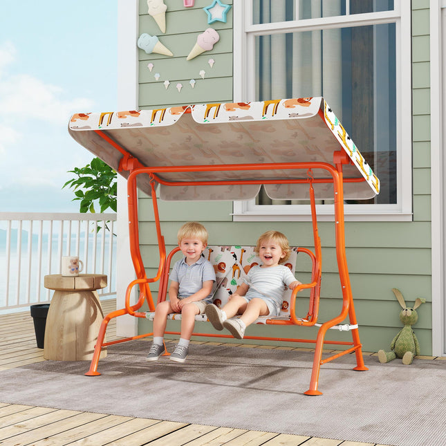 Kids Porch Swing, 2-Seater Patio Swing Bench Hammock with Seat Belts, Adjustable Canopy for Garden, Orange