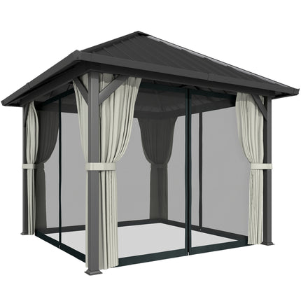 3 x 3(m) Hardtop Gazebo with Galvanised Steel Roof and Water Gutter, Waterproof Permanent Pavilion Garden Gazebo with Netting and Curtains for Patio, Deck, Black