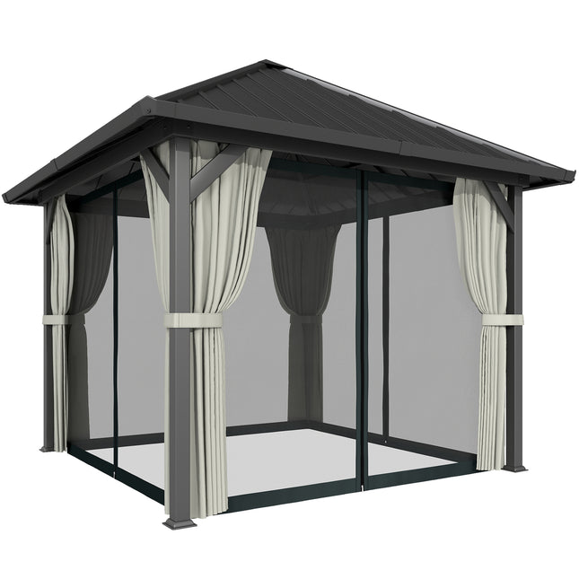 3 x 3(m) Hardtop Gazebo with Galvanised Steel Roof and Water Gutter, Waterproof Permanent Pavilion Garden Gazebo with Netting and Curtains for Patio, Deck, Black
