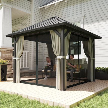 3 x 3(m) Hardtop Gazebo with Galvanised Steel Roof and Water Gutter, Waterproof Permanent Pavilion Garden Gazebo with Netting and Curtains for Patio, Deck, Black
