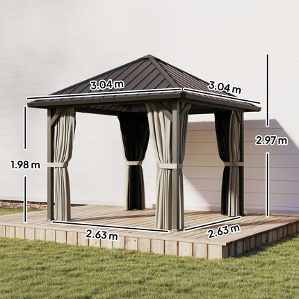 3 x 3(m) Hardtop Gazebo with Galvanised Steel Roof and Water Gutter, Waterproof Permanent Pavilion Garden Gazebo with Netting and Curtains for Patio, Deck, Black