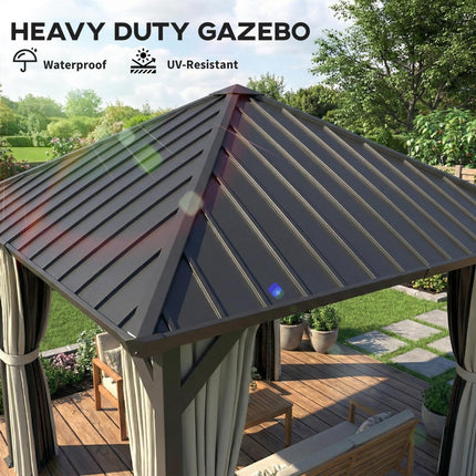 3 x 3(m) Hardtop Gazebo with Galvanised Steel Roof and Water Gutter, Waterproof Permanent Pavilion Garden Gazebo with Netting and Curtains for Patio, Deck, Black