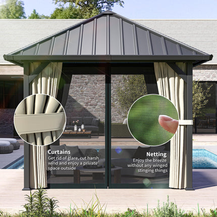 3 x 3(m) Hardtop Gazebo with Galvanised Steel Roof and Water Gutter, Waterproof Permanent Pavilion Garden Gazebo with Netting and Curtains for Patio, Deck, Black