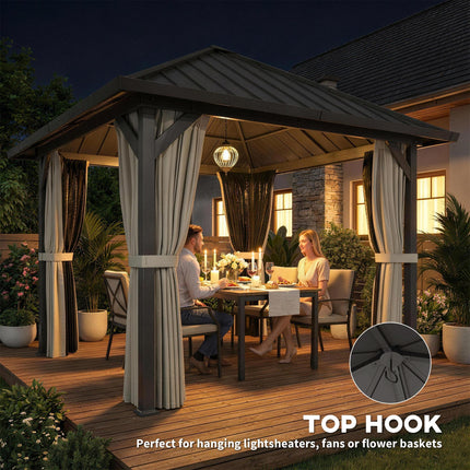 3 x 3(m) Hardtop Gazebo with Galvanised Steel Roof and Water Gutter, Waterproof Permanent Pavilion Garden Gazebo with Netting and Curtains for Patio, Deck, Black