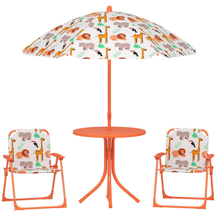 Kids Patio Set, Children Table and Chair Set, Outdoor Picnic Table with 2 Folding Chairs and Umbrella, Orange