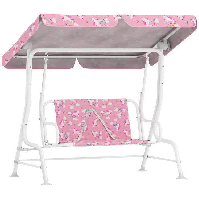 Kids Porch Swing, 2-Seater Patio Swing Bench Hammock with Seat Belts, Adjustable Canopy for Garden, Pink