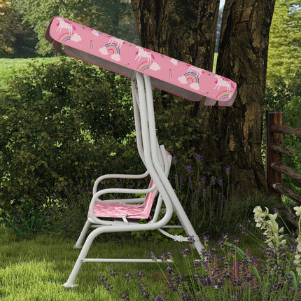 Kids Porch Swing, 2-Seater Patio Swing Bench Hammock with Seat Belts, Adjustable Canopy for Garden, Pink