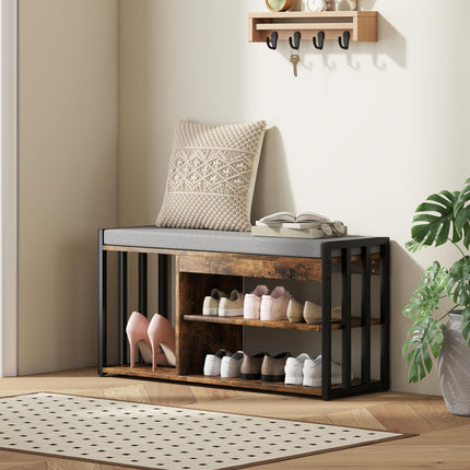 Shoe Storage with Seat, Upholstered Entryway Bench, Shoe Bench with 3 Open Shelves for Hallway, Rustic Brown