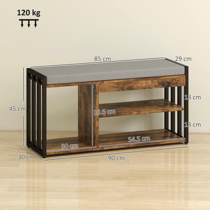 Shoe Storage with Seat, Upholstered Entryway Bench, Shoe Bench with 3 Open Shelves for Hallway, Rustic Brown