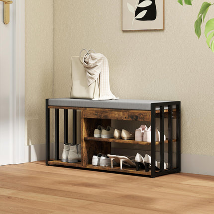 Shoe Storage with Seat, Upholstered Entryway Bench, Shoe Bench with 3 Open Shelves for Hallway, Rustic Brown