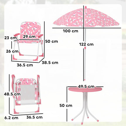 Kids Patio Table and Chair Set, Kids Garden Furniture with Umbrella, 4-Piece Bistro Set for Garden, Pink