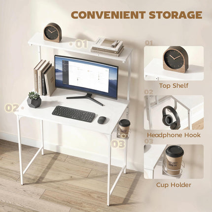 Computer Desk, 80cm Home Office Study Table with Hutch Shelf, Cup Holder, Headphone Hook, White