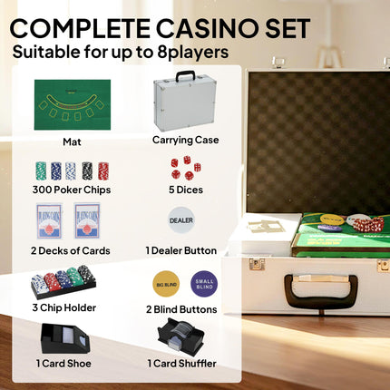 SPORTNOW 300-Piece Poker Chips Set with Card Shuffler, Card Shoe, Case, Casino Texas Holdem Poker Set with Mat, Silver Tone
