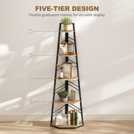 Corner Bookcase, 5-Tier Floor Standing Bookshelf, Shelving Unit for Living Room, Study, Bedroom, Natural Wood Finish