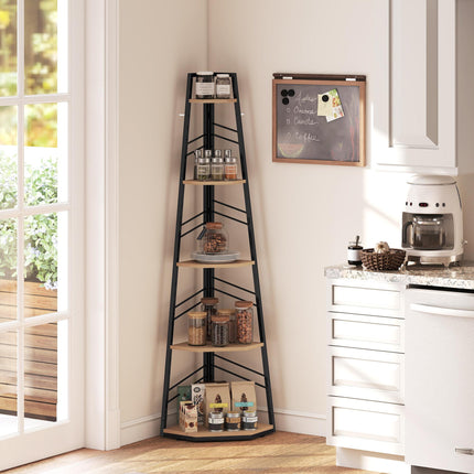 Corner Bookcase, 5-Tier Floor Standing Bookshelf, Shelving Unit for Living Room, Study, Bedroom, Natural Wood Finish