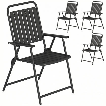 Folding Garden Chairs, Garden Dining Chairs with Plastic Slatted Seat Back, Armrests, Steel Frame, Set of 4, Black
