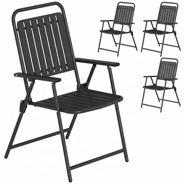 Folding Garden Chairs, Garden Dining Chairs with Plastic Slatted Seat Back, Armrests, Steel Frame, Set of 4, Black