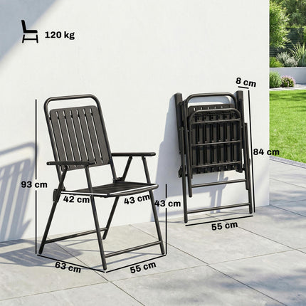Folding Garden Chairs, Garden Dining Chairs with Plastic Slatted Seat Back, Armrests, Steel Frame, Set of 4, Black