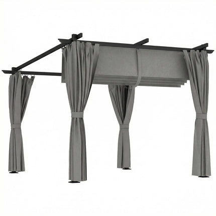 3 x 3 m Retractable Roof Pergola, with Curtains - Light Grey