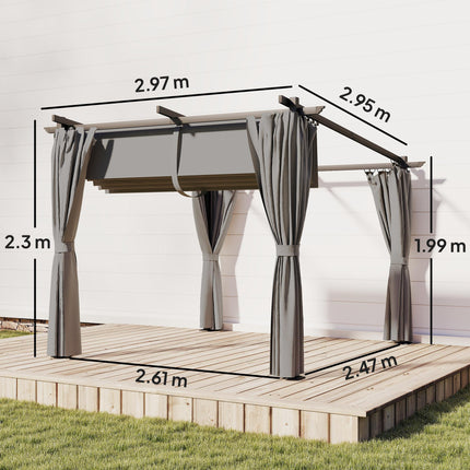 3 x 3 m Retractable Roof Pergola, with Curtains - Light Grey