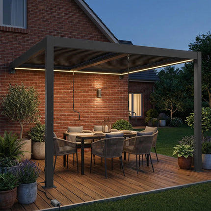 3 x 3 m Louvered Pergola with LED Lights, Metal Louvres, Wall Mounted Aluminium