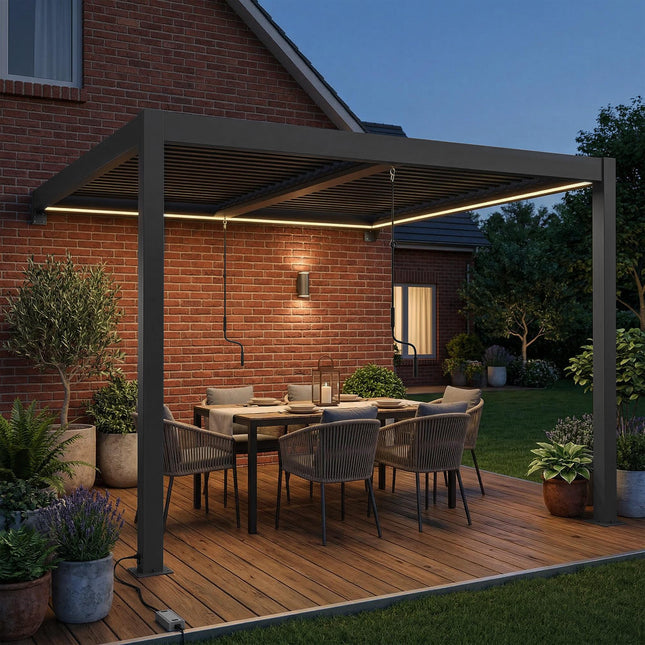 3 x 3 m Louvered Pergola with LED Lights, Metal Louvres, Wall Mounted Aluminium