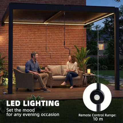 3 x 3 m Louvered Pergola with LED Lights, Metal Louvres, Wall Mounted Aluminium