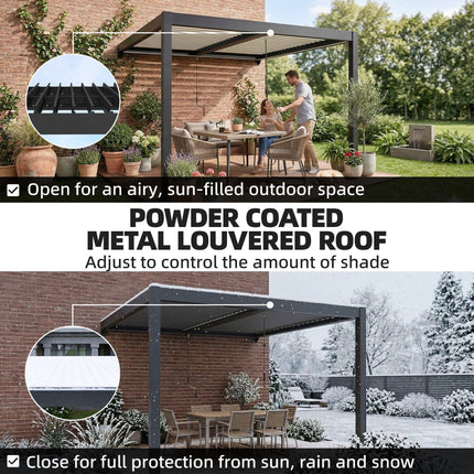 3 x 3 m Louvered Pergola with LED Lights, Metal Louvres, Wall Mounted Aluminium