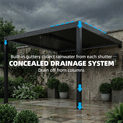 3 x 3 m Louvered Pergola with LED Lights, Metal Louvres, Wall Mounted Aluminium