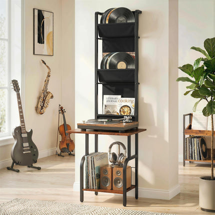 Vinyl Record Player Stand Record Storage with Player Stand Oxford Fabric Pockets Bottom Shelf Rustic Brown and Black