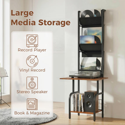 Vinyl Record Player Stand Record Storage with Player Stand Oxford Fabric Pockets Bottom Shelf Rustic Brown and Black