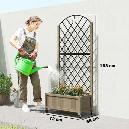 Raised Garden Bed with Metal Trellis, Wooden Elevated Planter Box w/Lockable Wheels, Outdoor Raised Planter, Carbonised
