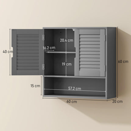 Bathroom Cabinet, Wall Mounted Storage Cabinet with Adjustable Shelves, 60 x 20 x 60 cm, Grey
