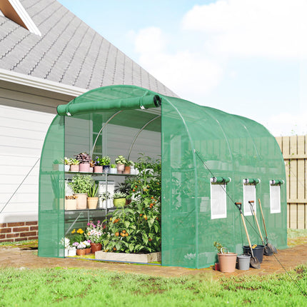 Walk-in Greenhouse with Shelves, Polytunnel Greenhouse with Roll-Up Door, 6 Mesh Windows,198 x 275 x 191 cm, Green